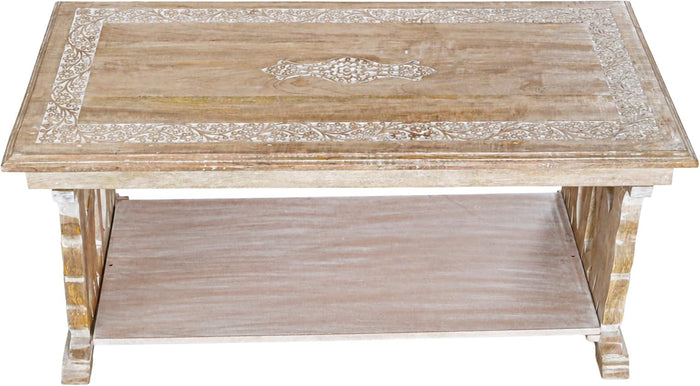 Coffee Table in Solid Wood With Hand Carving40x20x18"White Wash Rectangular