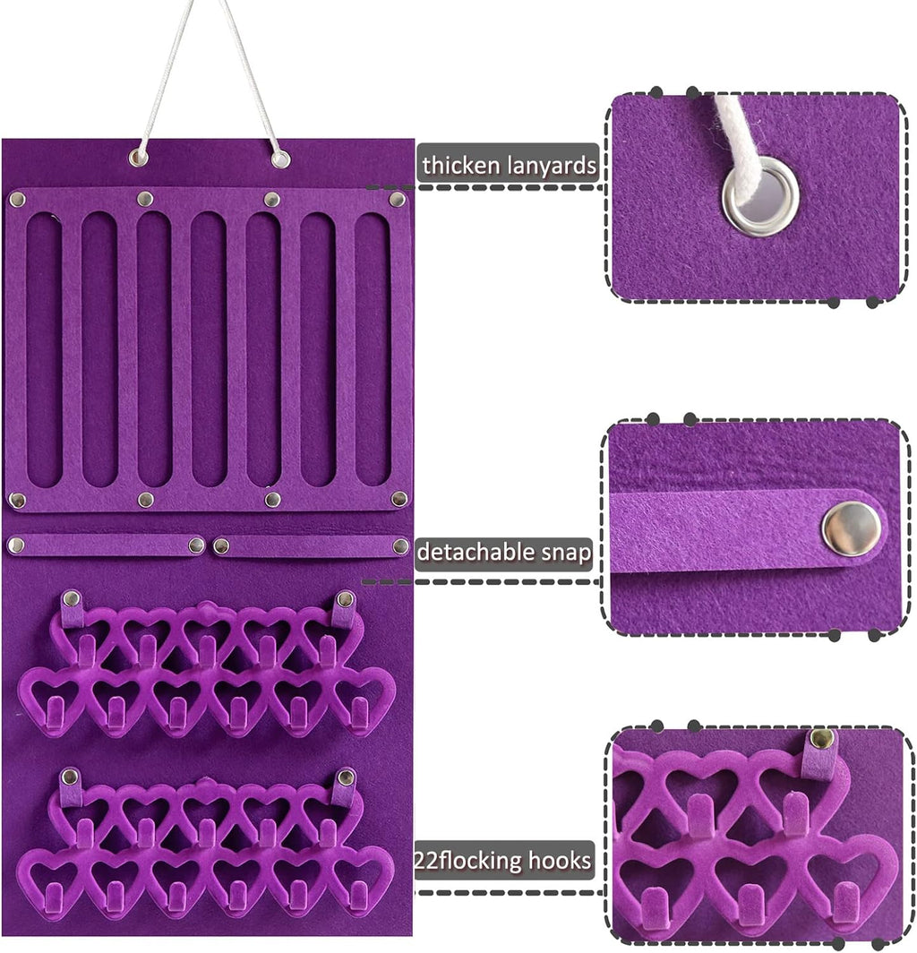 Storage Holder Display Board Felt Wall Hanging Jewelry Organizer with Detachable hooks Headband Holder for Girls Hair Clips Hair Ties Earrings Necklace Home Decor Purple