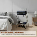Foldable Luggage Rack with Wheels for Guest Room - Metal Frame Folding Suitcase Stand With 2 Shelves - Portable Luggage Storage Rack - Easy Assembly Suitcase Holder for Hotel, Travel and Bedroom