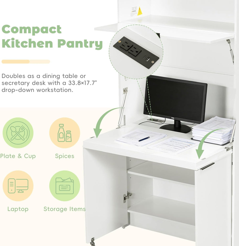 Farmhouse Kitchen Pantry Cabinet with Foldable Workstation, Kitchen Storage C...