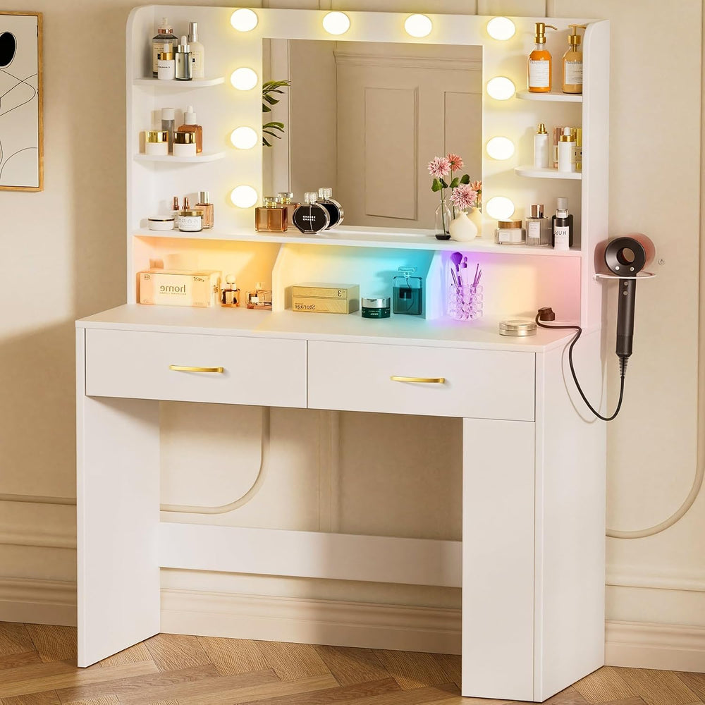 LUCKRACER Vanity Desk with LED Lights Mirror & Charging Station, Makeup V...