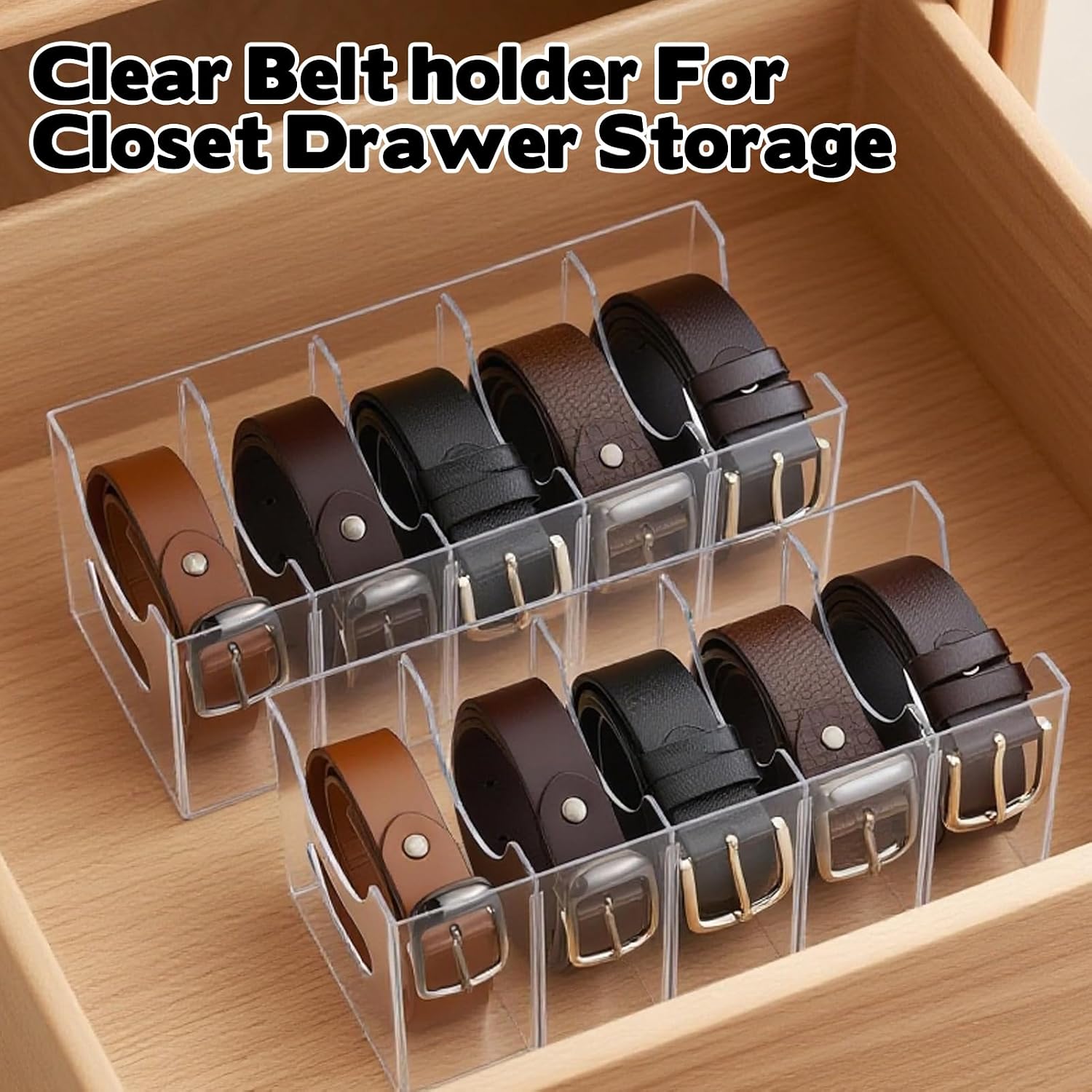3 Pack Acrylic Belt Organizer Clear Stackable Belt Storage Holder Purse Organizer for Closet - 5 Compartments with Removable Dividers,Display Case Pantry Cabinet Organizers for Ties,Socks,Underwear
