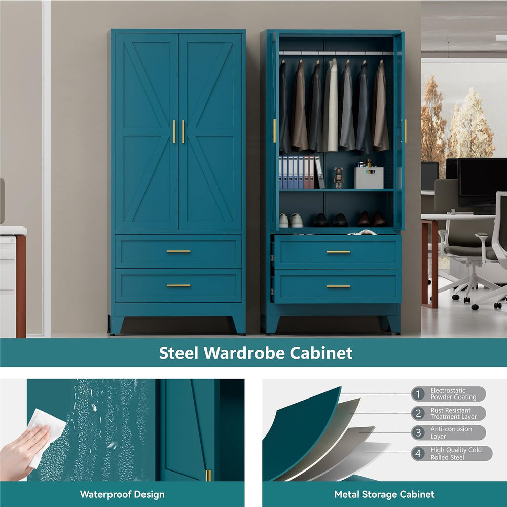 Metal Wardrobe Closet with Doors, 71" Tall Armoire Wardrobe with 2 Drawe...