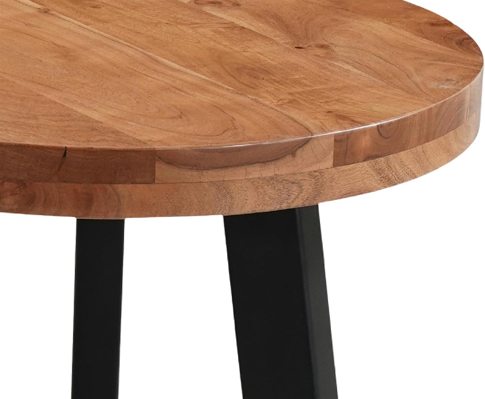 Mason Round Solid Wood End Table with Brown Top and Black Metal Base