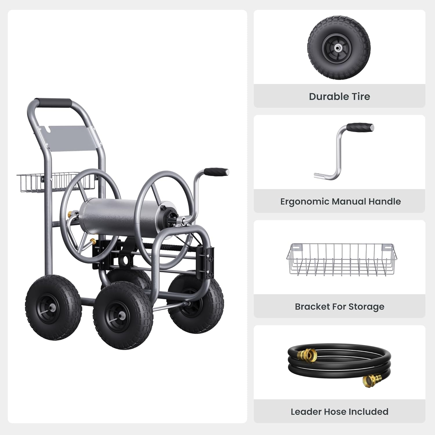 Giraffe Tools Garden Hose Reel Cart, Cart with Wheels Heavy Duty, Industrial Hose Reels for Outside, 250-Feet of 5/8" Hose Capacity, Hose Guide Pre-Installed