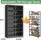 Metal CD Storage Shelf, 7 Tier Tall DVD Storage Cabinet with Adjustable Shelves, Freestanding Rack for Media, Video, Games, Black Bookshelf for Living Room, Media Room