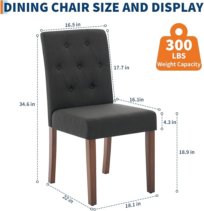 Upholstered Dining Chairs Set of 2, Modern Fabric Kitchen Side Chairs with Sturdy Wood Legs, Parsons Design, Comfortable Soft Linen for Dining Room, Restaurant, Cafe, Black