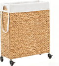 Rolling Laundry Hamper with Wheels, Slim Laundry Basket with Removable Liner Bag & 2 Mesh Bags, Handwoven Water Hyacinth Clothes Hamper for Bedroom Bathroom (Natural, 85L)