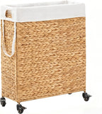 Rolling Laundry Hamper with Wheels, Slim Laundry Basket with Removable Liner Bag & 2 Mesh Bags, Handwoven Water Hyacinth Clothes Hamper for Bedroom Bathroom (Natural, 85L)