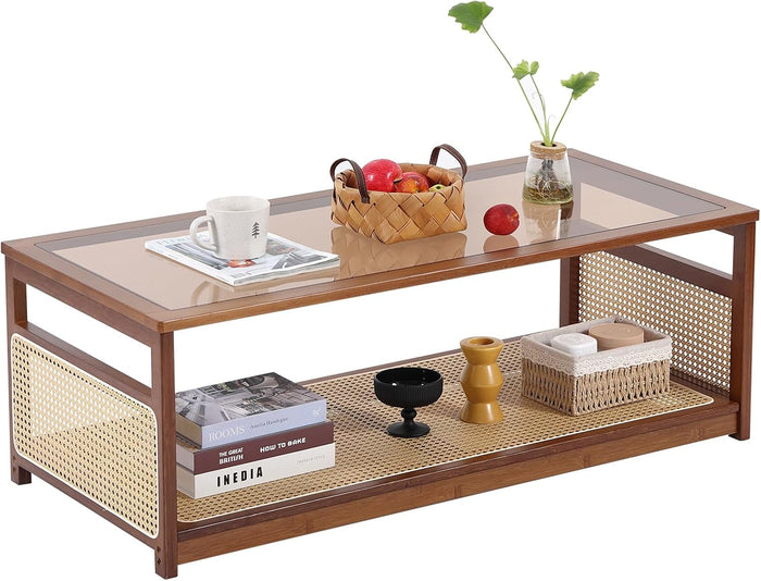 Tiita Large Bamboo Rectangle Coffee Table, Glass Top, Rattan Storage, Brown