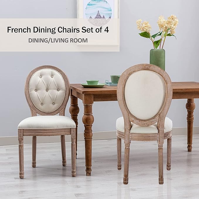 Nrizc French Country Dining Chairs Set of 4, Farmhouse Dining Chairs with Round Button Back, Solid Wood Legs, French Dining Chairs for Kitchen/Bedroom/Dining Room, Beige(button)
