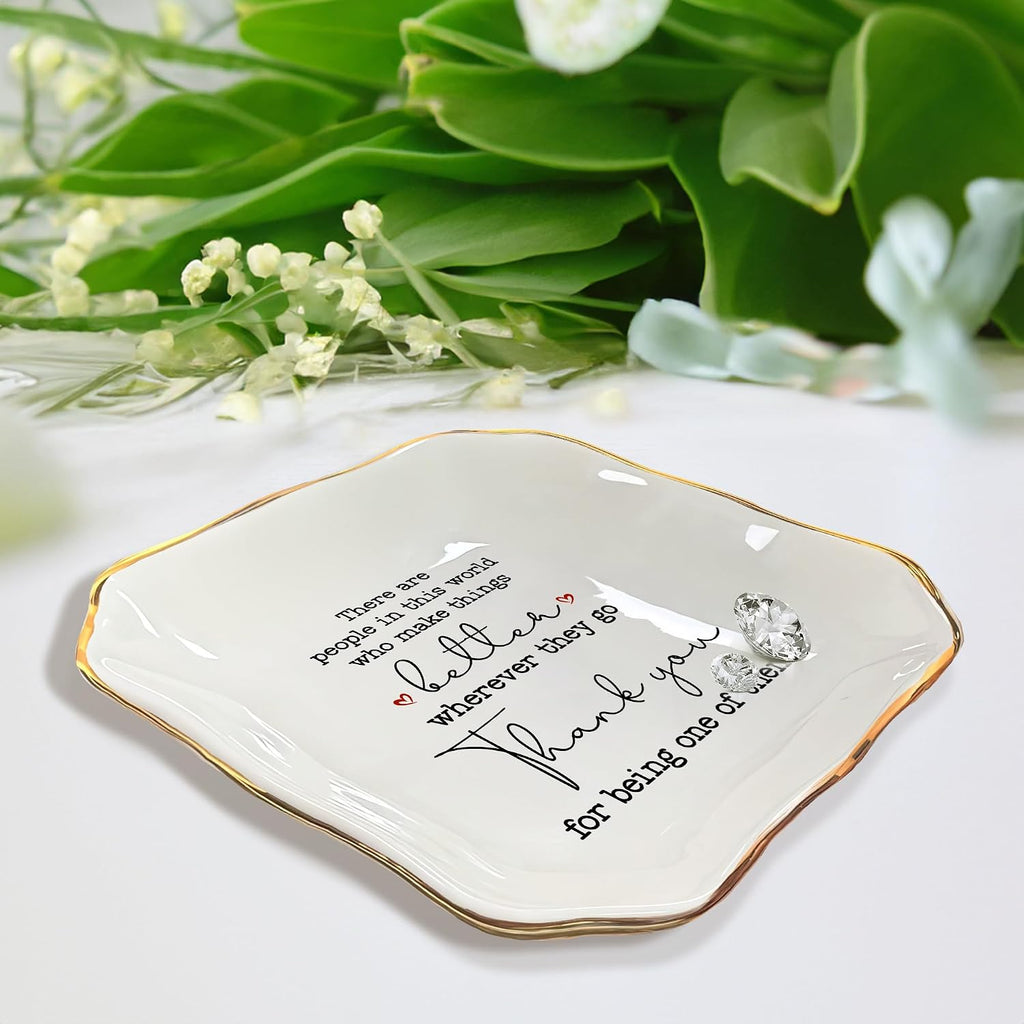 OASSIE Thank You Gifts for Women - 4"x4" Ceramic Jewelry Dish Tray | Gifts for Women, Appreciation Decor, Gold Trim Design, Ring Dish for Women, Polished Finish, Ready to Gift