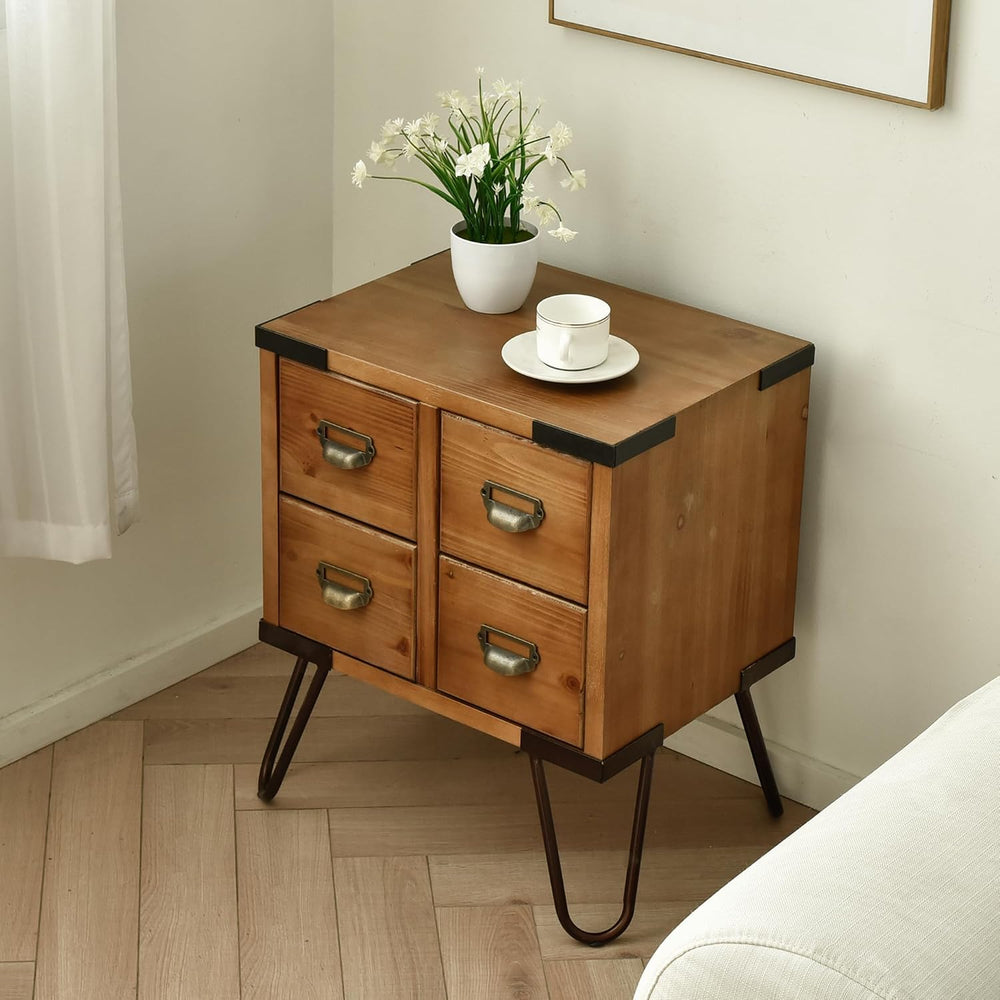 eHemco Antique Style 4-Drawer Storage End Table Side Table with Metal Hairpin...