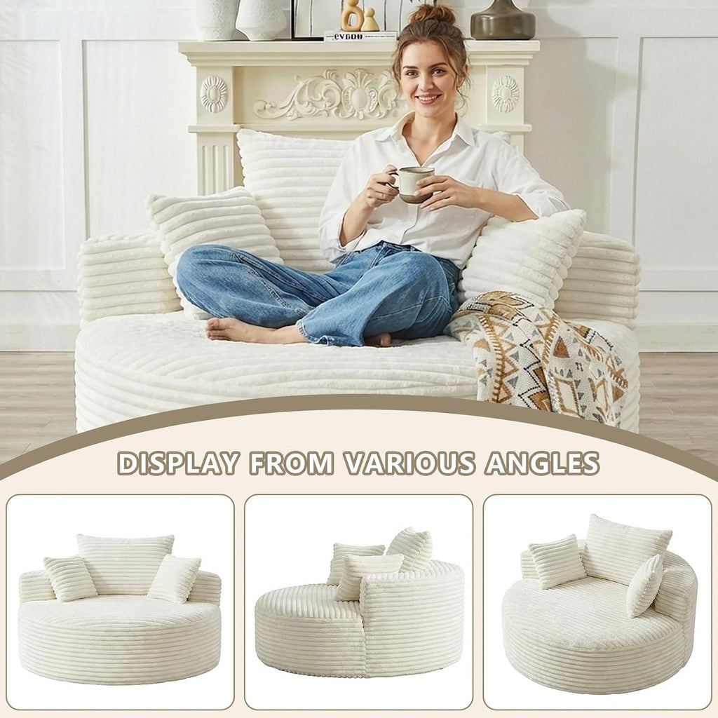 55" L Corduroy Sponge Single Sofa, Oversized Round Chair, Fluffy Modern Sleeper Chairs for Living Room, Lounge and Projection Room, Wide Armrest Lounge Chairs, Armchair with Pillow White