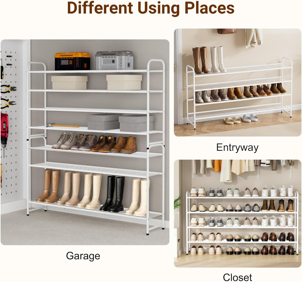 KEETDY 4-Tier Long Shoe Rack for Closet Floor, Wide Shoe Organizer Storage, Stackable Shoe Rack for Entryway Metal Shoe Shelf for 30 Pairs Men Sneakers with Wire Grid for Bedroom, White