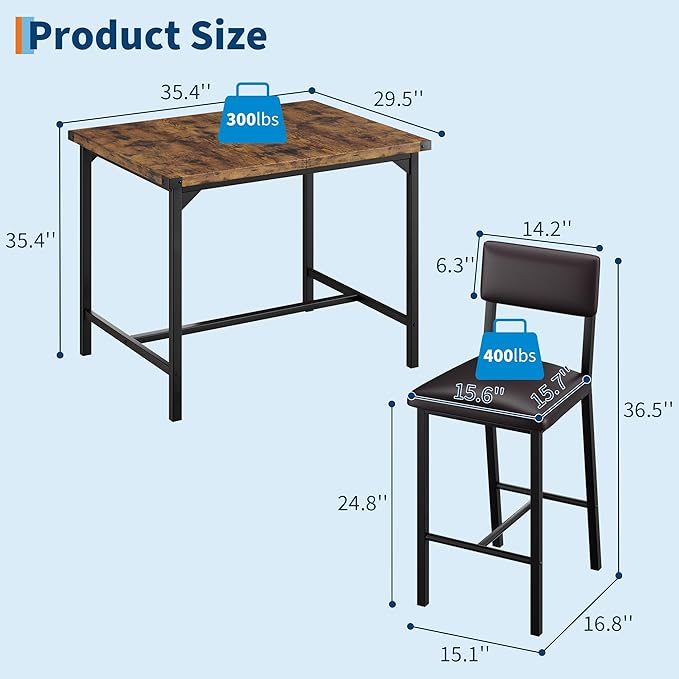 IDEALHOUSE Dining Table Set for 4 w/Footrest & Corner Protector, 5-Piece Kitchen Table Set with Counter Height Table & 4 Upholstered Bar Stools, for Kitchen Room, Apartment, Pub,Retro Brown