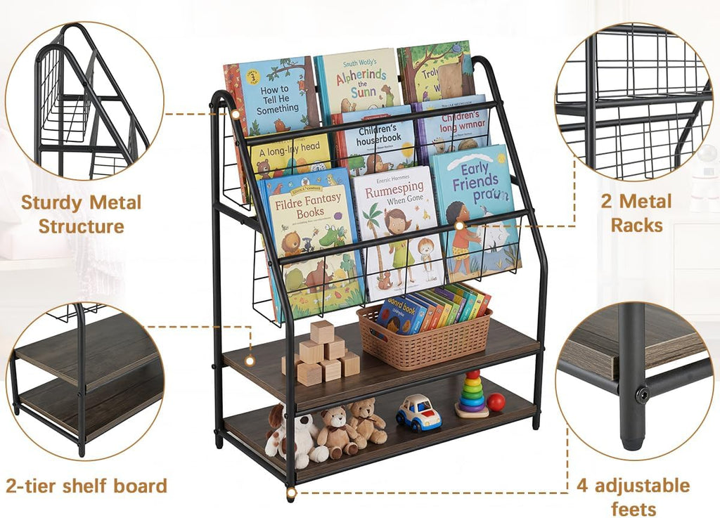 VECELO Kids Front Facing Book Shelf, 2 Tier Toddler Book Display Storage Rack, Metal Wood Freestanding Children Bookcase with Toy Organizer Bin Space for Nursery Playroom Bedroom Daycare