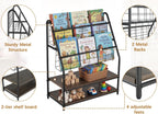 VECELO Kids Front Facing Book Shelf, 2 Tier Toddler Book Display Storage Rack, Metal Wood Freestanding Children Bookcase with Toy Organizer Bin Space for Nursery Playroom Bedroom Daycare