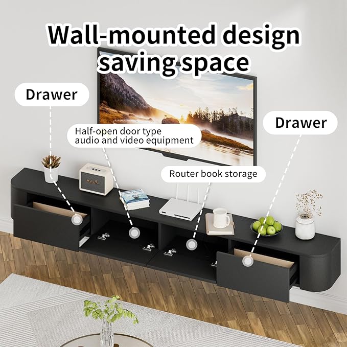 SHGJ&SOFT Floating TV Stand Wall Mounted Media Console with Door Entertainment Centerwith Storage Cabinets, Wall Mounted TV Shelf for Bedroom,Living Room (Black, 78.7IN)