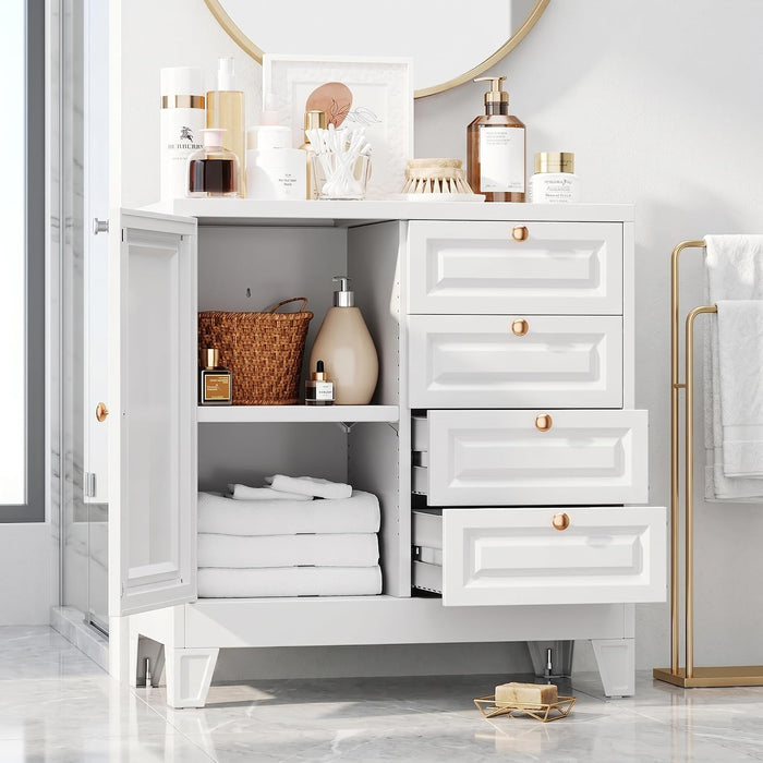 Bathroom Storage Cabinet with 4 Drawers,Metal Bathroom Floor Cabinet with Door and Shelves,Toilet Paper Storage Cabinet for Bathroom, 33" H x 31.5" W x 15.75" D,White