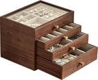 CHOSIN Black Walnut Jewelry Box for Women, 4-Layer Wooden Organizer with Glass Lid, for Watches, Necklaces, Rings & Earrings Storage Christmas Gifts