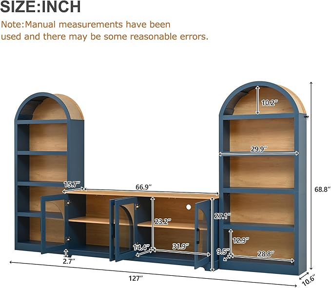 3-Piece Farmhouse TV Stand Set with Bookshelf for TVs Up to 70", Two-Tone Wood Grain Entertainment Center with Arched Design, Retro Sideboard with Tempered Glass Doors for Living Room (Blue+Natural)