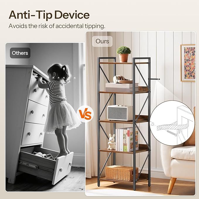 HOOBRO Bookshelf, 5-Tier Industrial Bookcase, Book Shelf Storage Organizer, T...