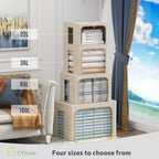 CYhom 3Pack Foldable Storage Bins - Frame Storage Box Linen Fabric Stackable Clothes Container Organizer with Clear Window & Carry Handles Large Capacity (Medium-36L, Beige)