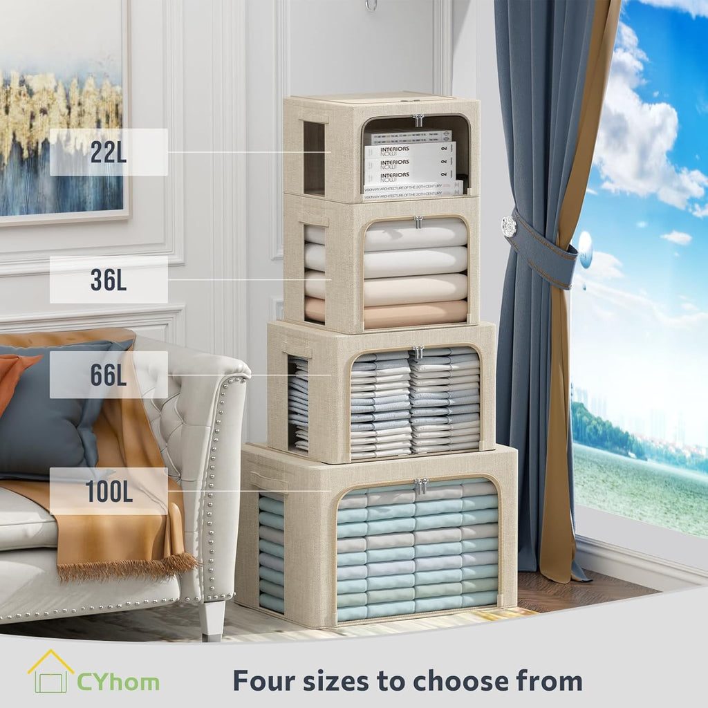 CYhom 3Pack Foldable Storage Bins - Frame Storage Box Linen Fabric Stackable Clothes Container Organizer with Clear Window & Carry Handles Large Capacity (Large-66L, Beige)