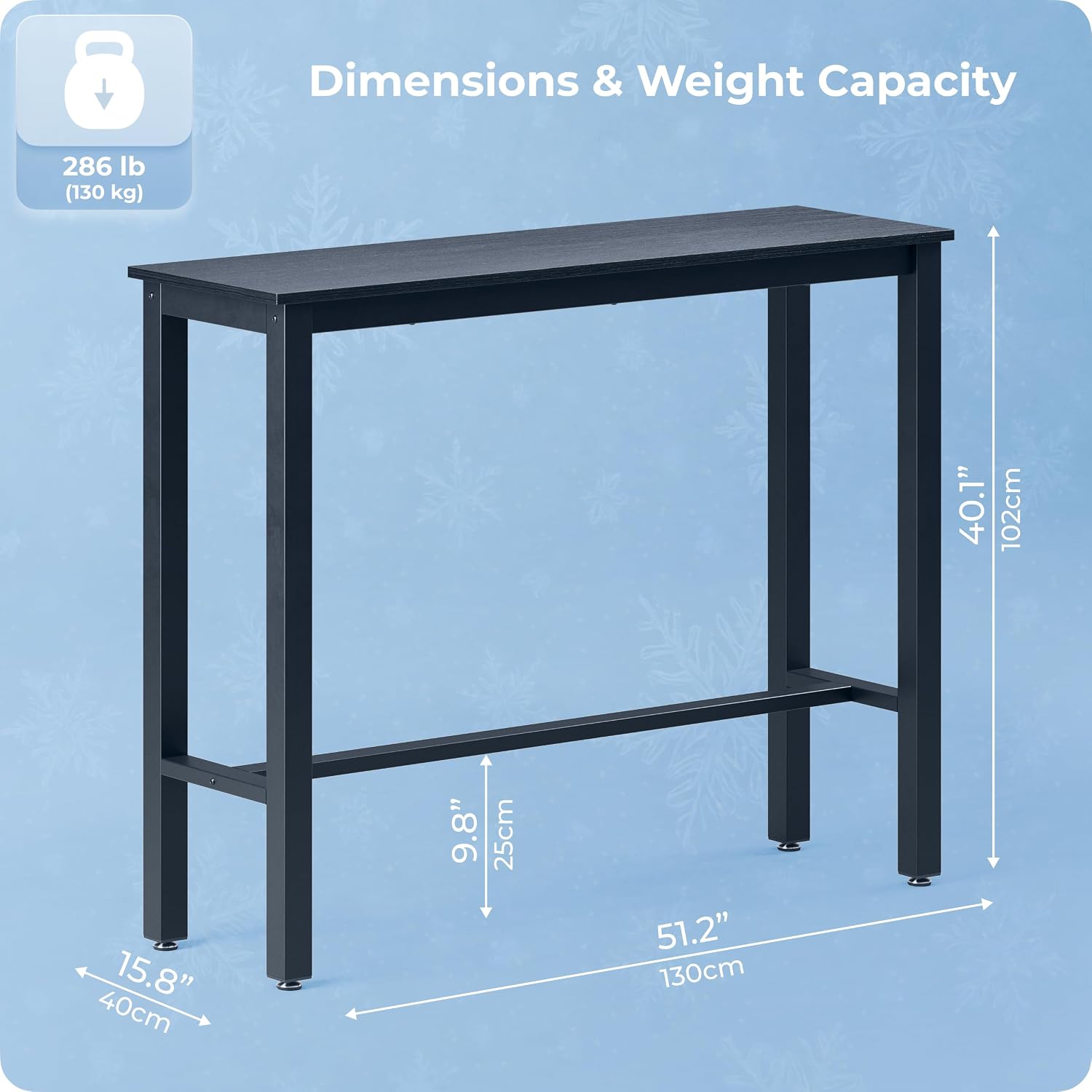 51 Inch Bar Table, Bar Height Pub Table, Water-Resistant Counter Height Table, Rectangular High Top for Kitchen & Dining Living Room, Black Metal Frame & Easy to Set Up, Black