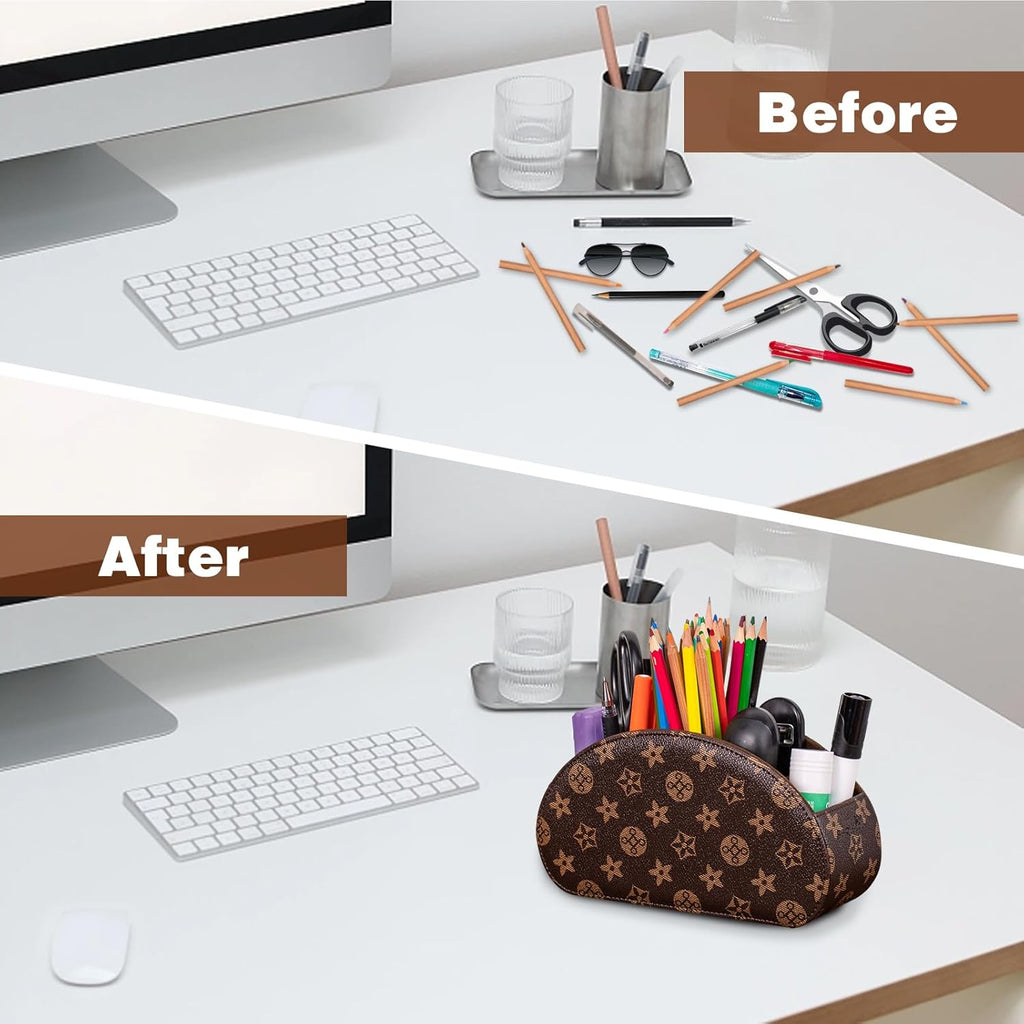 Remote Control Holders Organizer Box with 5 Compartment PU Leather Multi-functional Office Desk Storage Caddy Store Tv Remote for Media Player,Brush,Pencil,Glassees&Office Supplies (Brown+KhakiF)