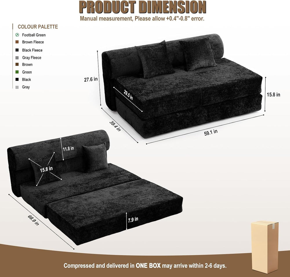 59" Convertible Sofa Bed with High Backrest & Washable Cover, Compre...