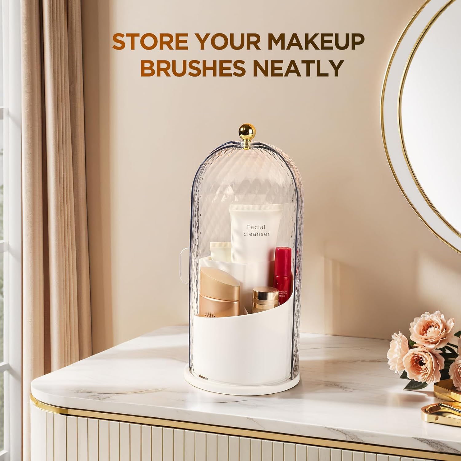 3 Slots Toothbrush Holders with Lid, Rotating Concealed Tooth Brush Holders for Bathroom, Countertop Toothbrush Holder with Cover, Toothpaste Holder for Bathrooms, Makeup Brush Holder(White)