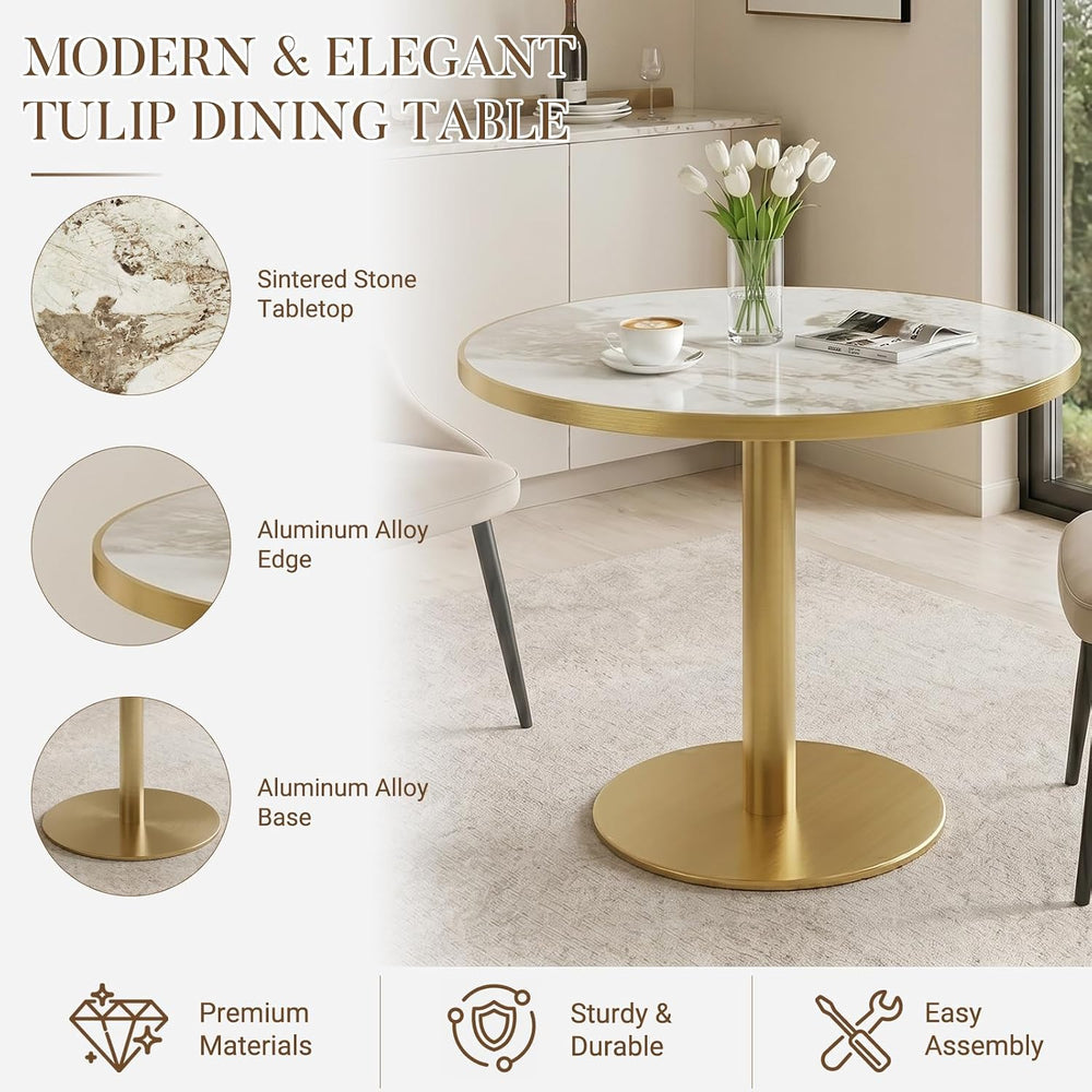 31.5" Tulip Table with Sintered Stone Tabletop and Golden Metal Pedestal...