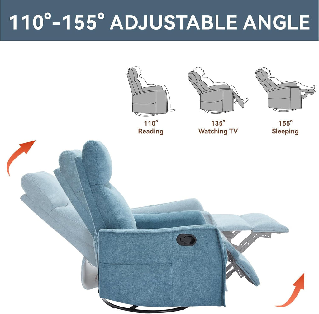 Anwick 360° Swivel Rocker Recliner Chair with Heat and Massage, Manual Upholstered Recliner for Small Spaces, Fabric Glider Nursery Chair with Side Pockets for Living Room (Blue)