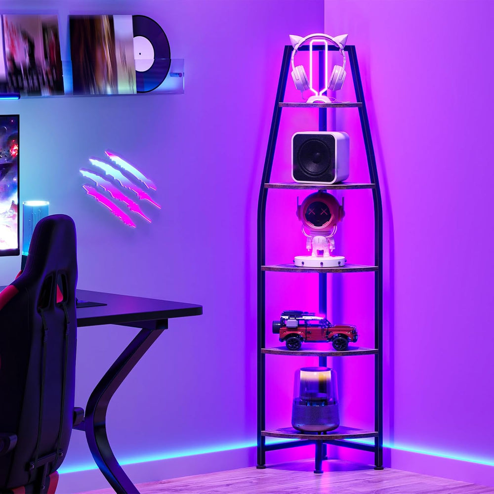 CHOEZON Corner Shelf with Lights, Corner Bookshelf with Metal Frame, 5-Tier T...
