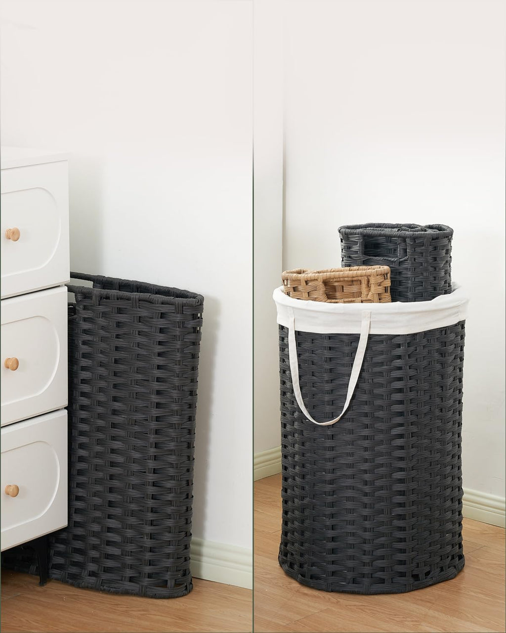 34.3 Gal (130 L) Large Laundry Hamper Laundry Basket Round Handwoven Wicker Laundry Baskets Rattan Laundry Basket with Removable Bag Handles 2 Mesh Bags for Living Room Bedroom Black