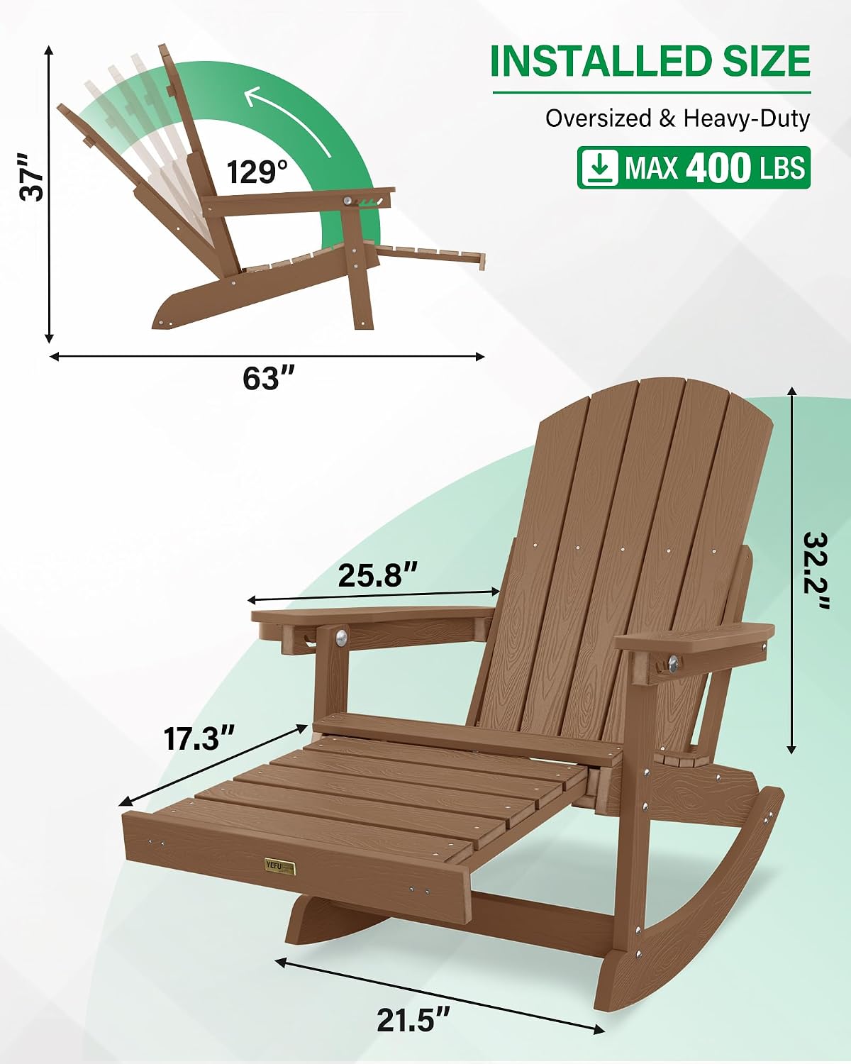 YEFU Adirondack Rocking Chairs, Adirondack Chair with Footrest, Teak | 5- Level Adjustable Backrest, Retractable Ottoman & Cup Holder, Like Real Wood, for Outdoor/Patio/Porch, Heavy Duty, 400 lbs