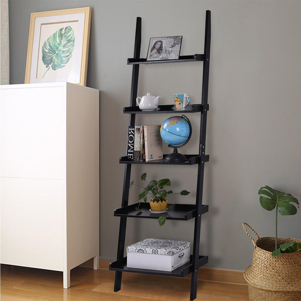 Tangkula Ladder Bookcase 5-Tier Wood Leaning Shelf Wall Plant Stand for Home Office Modern Flower Book Display Shelf Storage Rack Stable A-Frame Wooden Ladder Shelf (Black)