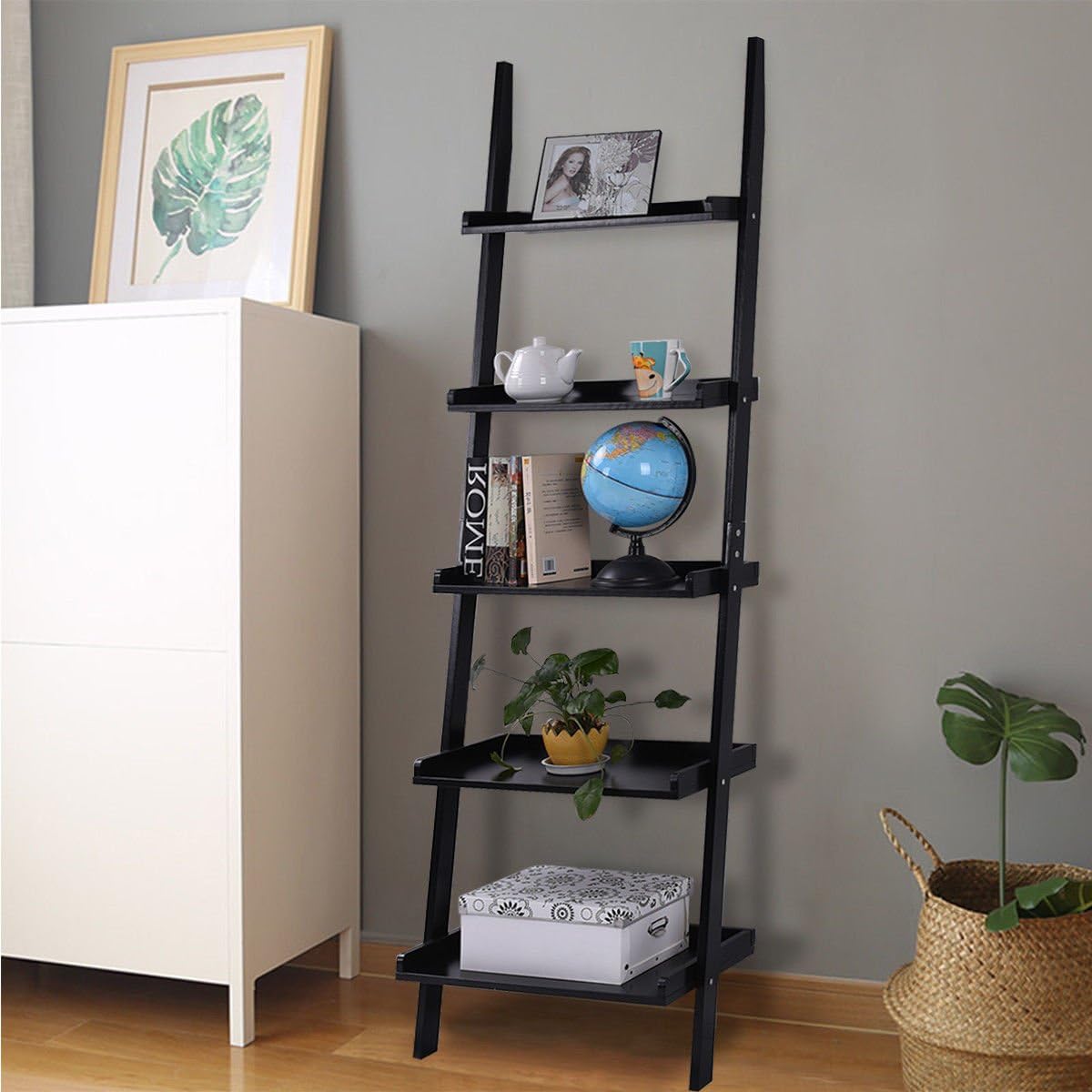 Tangkula Ladder Bookcase 5-Tier Wood Leaning Shelf Wall Plant Stand for Home Office Modern Flower Book Display Shelf Storage Rack Stable A-Frame Wooden Ladder Shelf (Black)