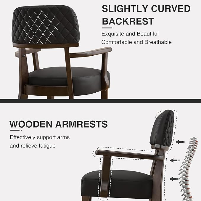 PU Leather Dining Chairs with Arms Set of 2, Upholstered Dining Room Chairs with Hardwood Legs & Open Curved Backrest,Modern Accent Kitchen Chairs 350 LBS Capacity, Black