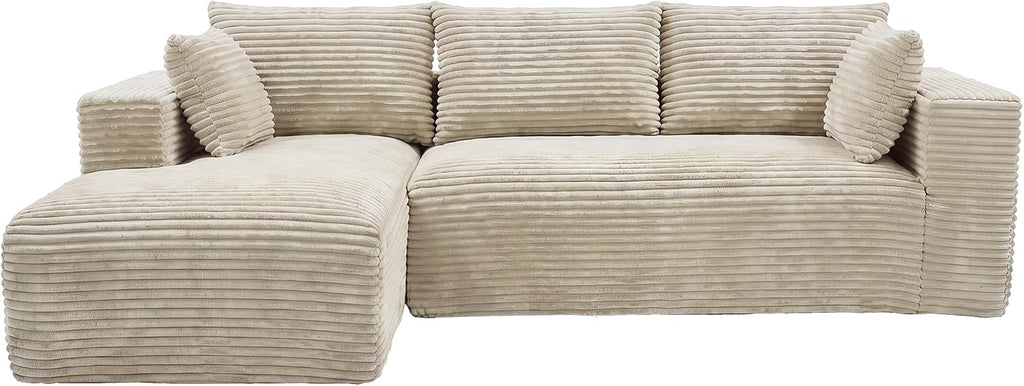 107" L-Shaped Boneless Sectional Sofa with Left-Facing Chaise, Beige | Deep-seat corduroy cloud couch with a modular boneless design and no assembly required for easy, comfortable lounging.