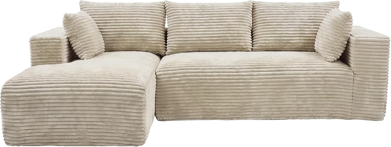 107" L-Shaped Boneless Sectional Sofa with Left-Facing Chaise, Beige | Deep-seat corduroy cloud couch with a modular boneless design and no assembly required for easy, comfortable lounging.