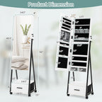 COSTWAY Mirror Jewelry Cabinet with Wheels, Standing Full-length Mirror with Jewelry Storage, Lockable Jewelry Organizer Box with Drawers, Rolling Jewelry Armoire for Women Girls Bedroom (White)
