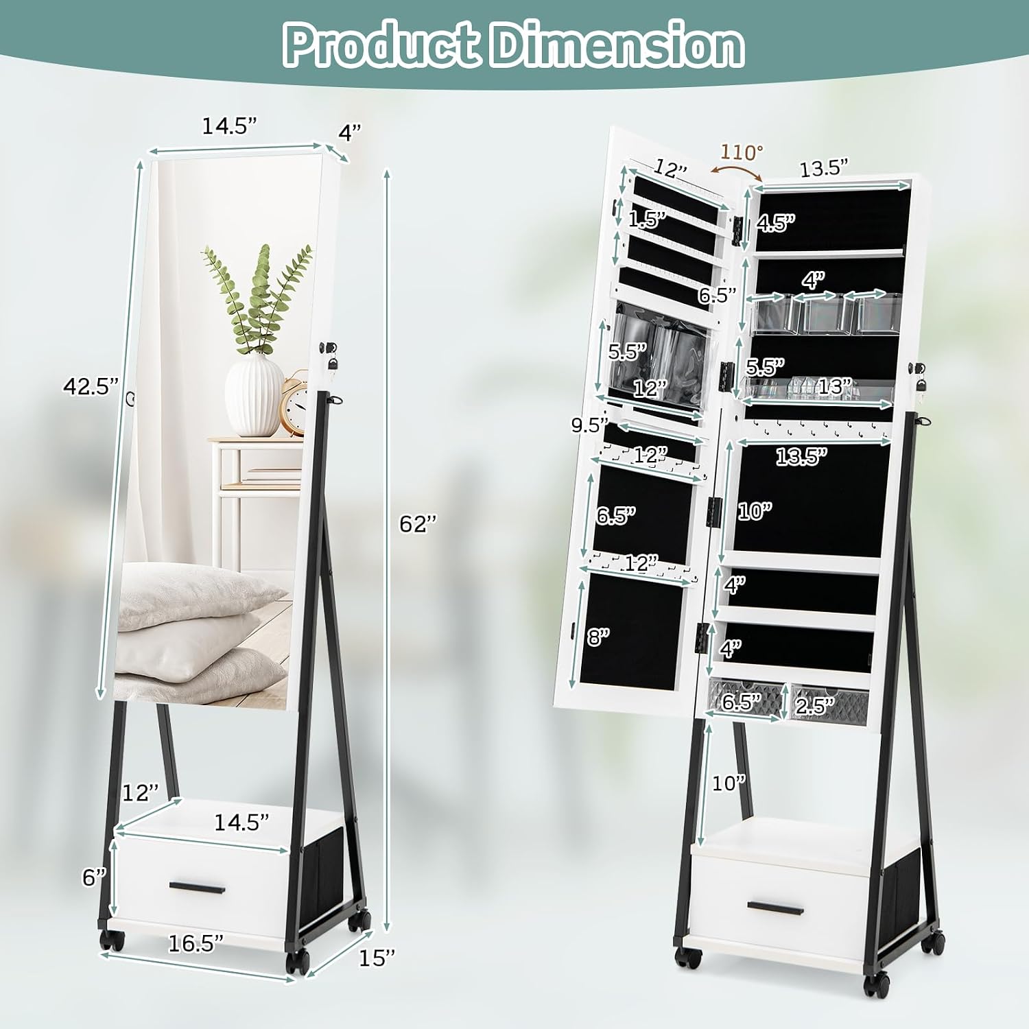 COSTWAY Mirror Jewelry Cabinet with Wheels, Standing Full-length Mirror with Jewelry Storage, Lockable Jewelry Organizer Box with Drawers, Rolling Jewelry Armoire for Women Girls Bedroom (White)