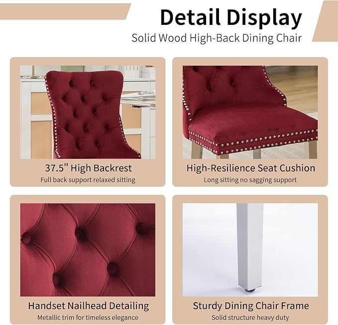 Luxury Upholstered Dining Chairs Set of 2, Red Kitchen Chair with Silver Metal Legs, Velvet Tufted Back Dining Chair, Sillas de Comedor, Modern Kitchen & Dining Room Chairs (Burgundy, 2 Pcs)