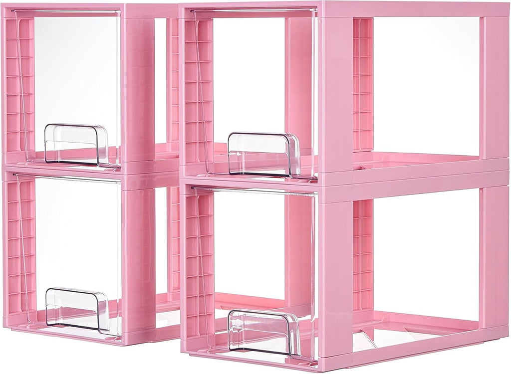 Vtopmart 4 Pack Large Stackable Storage Drawers,Pink,Easily Assemble Acrylic Bathroom Closet Undersink Organizers and Storage,Plastic Bins for Kitchen Cabinets,Pantry,Makeup,Medicine Organization