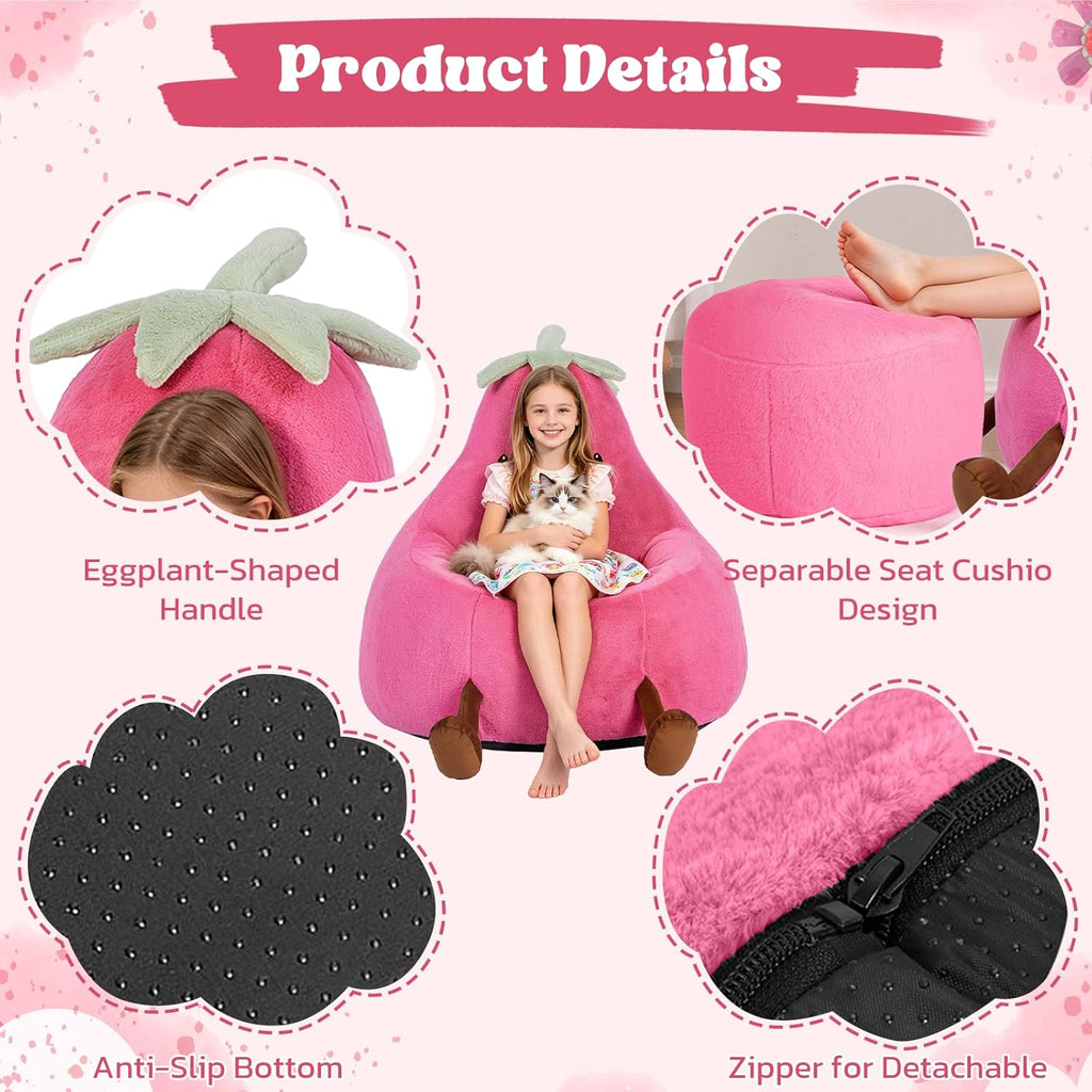 2FT Memory Foam Bean Bag Chair - Ultra Soft Faux Rabbit Fur Round Sofa with Handle & Machine Washable Cover, Comfy Lazy Chair for Kids Teens, Perfect for Reading Gaming in Living Room Bedroom，Magenta