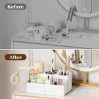 Acrylic Hair Dryer Holder with Drawer, Bathroom Organizer Countertop Drawers with 3 Stainless Cups, Makeup Vanity Accessories, Hair Hot Tools Organizer, Toiletry, White