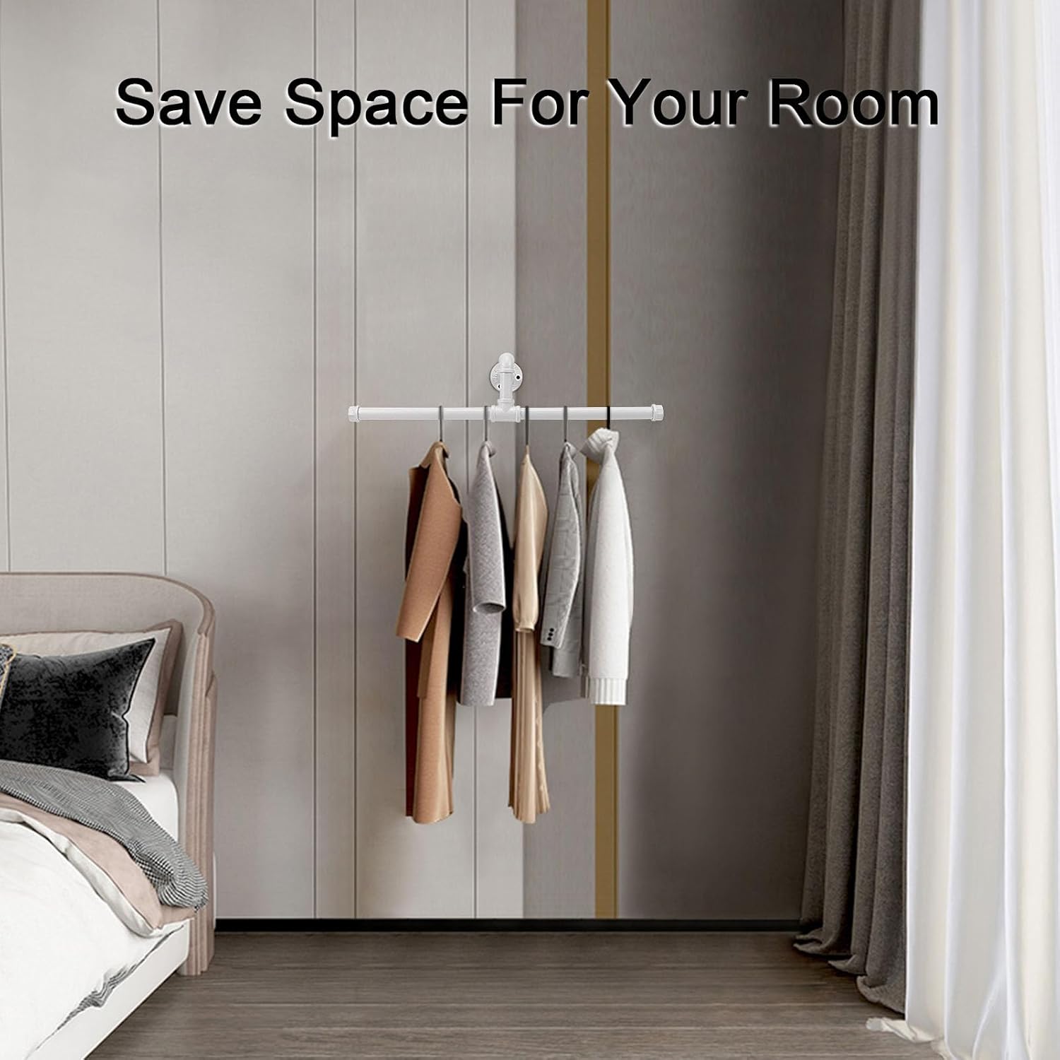 Industrial Pipe Clothes Rack Floating DIY Wall Mounted, Heavy Duty Rustic Vintage Clothing Rod, Metal Garment Bar Space-Saving Hanging for Bedroom, Bathroom and Laundry Room (White 20 inch)